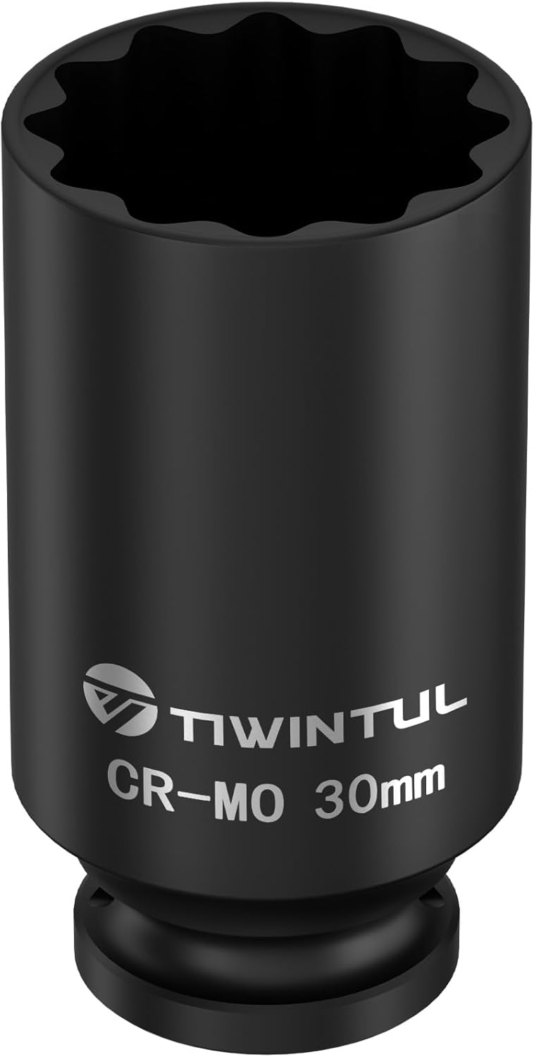 TIWINTUL 30mm 12 Point Impact Socket 1/2 Inch Drive, Deep CR-MO Steel Impact Socket, 3.07" Length, Metric Size, Axle Nut Socket for Easy Removal of Axle Shaft Nuts - Image 1
